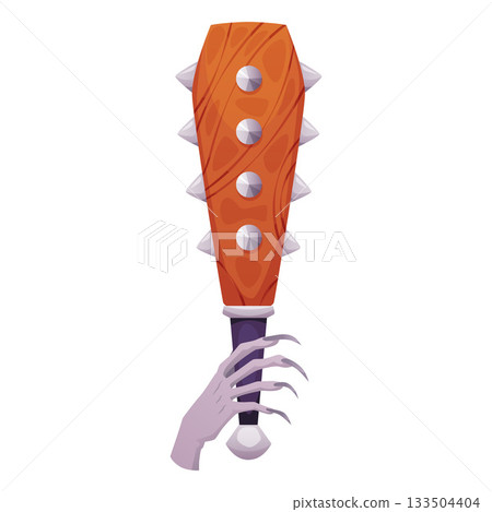 A creepy hand with long claws holds a wooden club with iron spikes. 133504404
