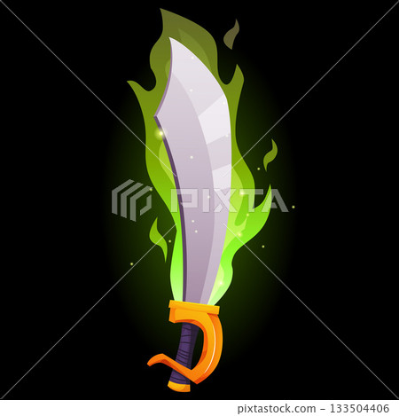 Cartoon sword and dagger in green fire flame, vector curved iron sharp blade saber, burn weapon warrior, war game asset 133504406
