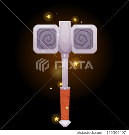 Medieval square hammer with a wooden handle with magical glowing particles and stars. 133504407