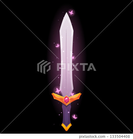Cartoon shiny sword with sparkles, vector game fantasy saber with handle decorated gemstone, ancient warrior weapon Cartoon shiny sword with sparkles, vector game fantasy saber with handle decorated gemstone, ancient warrior weapon 133504408