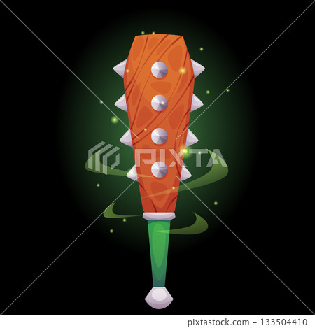 Cartoon shiny mace medieval game weapon, vector ancient battle tool, warrior spiked mace, wooden club with iron thorns Cartoon shiny mace medieval game weapon, vector ancient battle tool, warrior spiked mace, wooden club with iron thorns 133504410