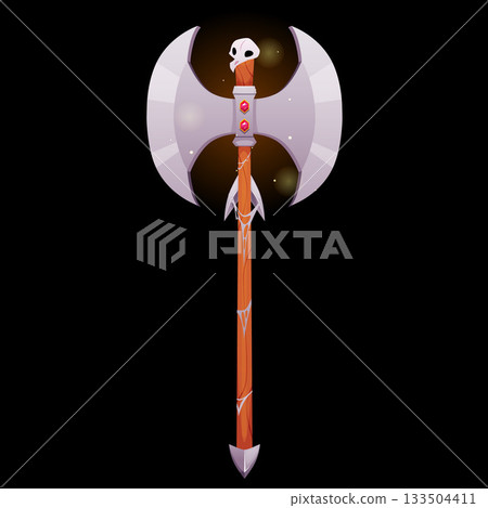 A double-sided axe with a wooden handle, iron tip, skull, spider web, and glowing highlights. A double-sided axe with a wooden handle, iron tip, skull, spider web, and glowing highlights. 133504411