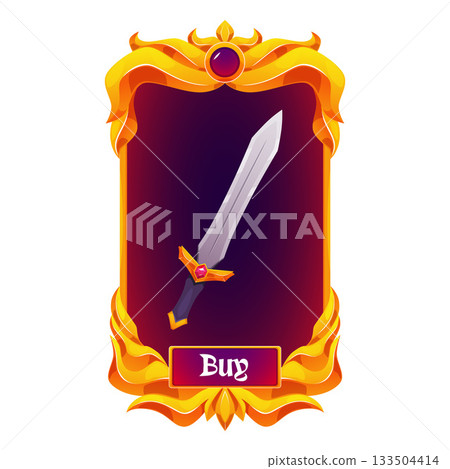 A golden card with a steel sword and a "Buy" button, game interface. A golden card with a steel sword and a "Buy" button, game interface. 133504414