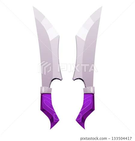 Two identical steel blades with purple handles, medieval weapons. Two identical steel blades with purple handles, medieval weapons. 133504417