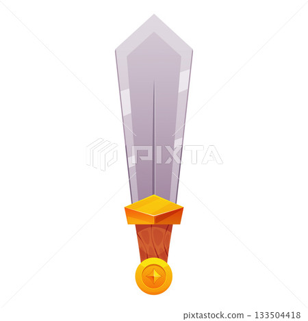 Cartoon sword, vector game wide iron blade saber with handle decorated gemstone, ancient warrior medieval knight weapon Cartoon sword, vector game wide iron blade saber with handle decorated gemstone, ancient warrior medieval knight weapon 133504418