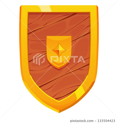 Cartoon wooden shield with a golden frame and an emblem in the center. 133504423