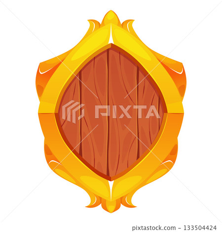 Round medieval wooden shield in a golden frame, ancient defensive equipment. 133504424