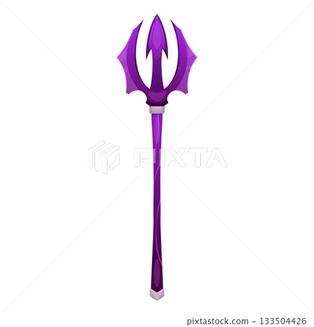 Cartoon antique trident vector icon, sharp blade saber with purple handle, game old weapon ancient warrior, wizard props 133504426