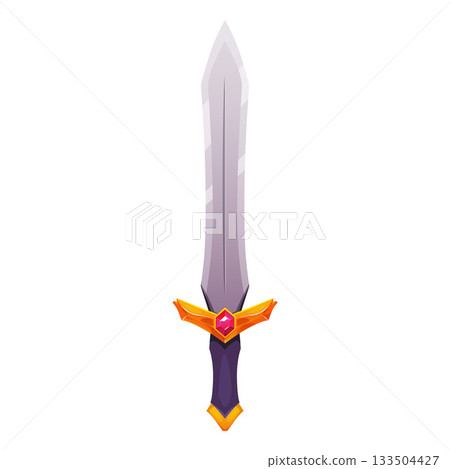 A cartoon fantasy sword with a brightly colored hilt and a red gemstone. A cartoon fantasy sword with a brightly colored hilt and a red gemstone. 133504427