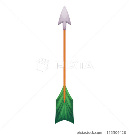 Cartoon arrow vector icon, archery or hunter bow tool ammunition, shoot equipment, game weapon arrow with green feathers Cartoon arrow vector icon, archery or hunter bow tool ammunition, shoot equipment, game weapon arrow with green feathers 133504428