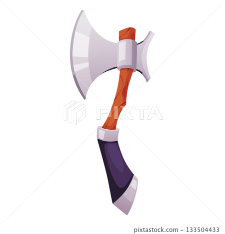 Cartoon medieval double axe with a wooden handle, Viking poleaxe. 133504433