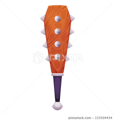 Cartoon mace medieval game weapon, vector ancient medieval battle tool warrior spiked mace, wooden club with iron thorns 133504434