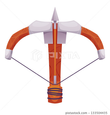 Medieval crossbow, wooden with metal inserts and a drawn arrow. 133504435