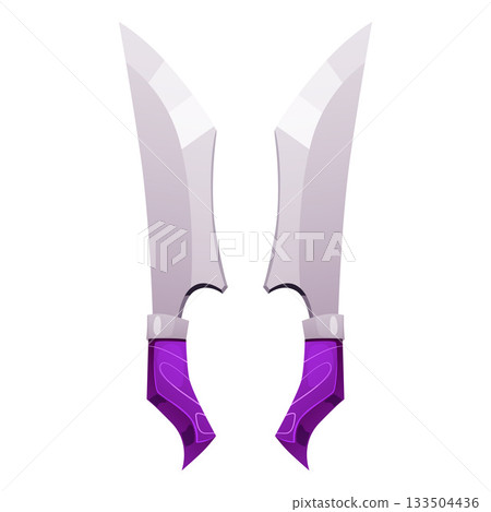 Cartoon swords and daggers pair, vector iron sharp blade saber with purple handle, old weapon ancient warrior game asset Cartoon swords and daggers pair, vector iron sharp blade saber with purple handle, old weapon ancient warrior game asset 133504436
