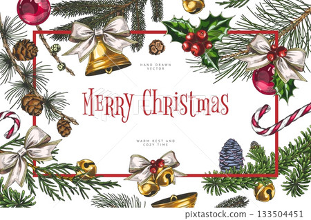 Merry Christmas holiday vector sketch banner, hand drawn festive Happy New Year decorations and conifer trees with cones 133504451