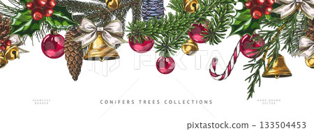 Christmas decorations and conifer trees with cones hand drawn vector seamless border, mistletoe, candy cane jingle bells 133504453