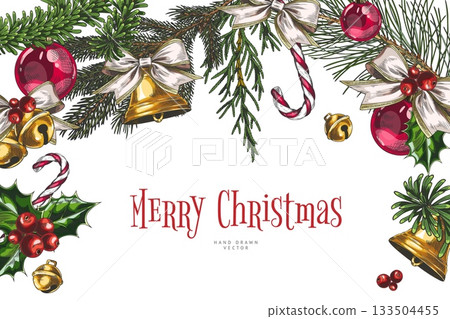 Merry Christmas holiday vector banner design, hand drawn festive Happy New Year decorations and conifer trees with cones 133504455