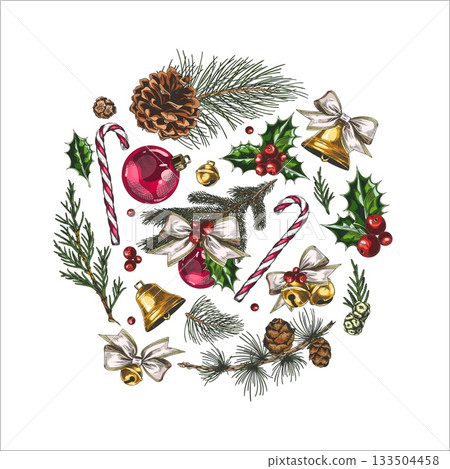 Christmas decorations and conifer trees branches with cones sketch vector round design, candy cane, jingle bells 133504458
