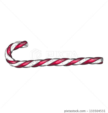 Christmas treat red and white striped candy cane hand drawn vector, sweet stick treat festive New year decoration sketch 133504531