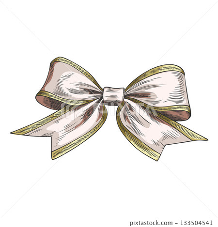 White bow with golden stripe hand drawn vector illustration, Happy New Year, Merry Christmas winter holiday decoration White bow with golden stripe hand drawn vector illustration, Happy New Year, Merry Christmas winter holiday decoration 133504541