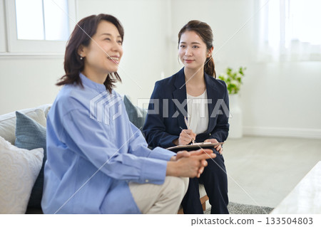 A young businesswoman explaining to a middle-aged woman A young businesswoman explaining to a middle-aged woman 133504803