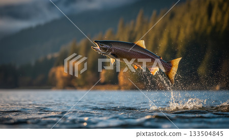 日落時分，鮭魚躍出水面，躍出湖面。 133504845
