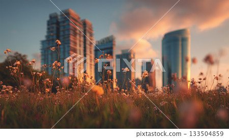 夕陽西下，透過草地可以看到城市摩天大樓。 133504859
