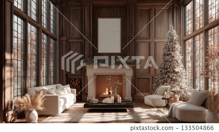 Living room with a Christmas fireplace and tree Living room with a Christmas fireplace and tree 133504866