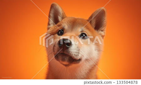 Close-up of a Shiba Inu looking up against an orange background 133504878