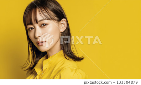 A woman smiles softly against a yellow background 133504879