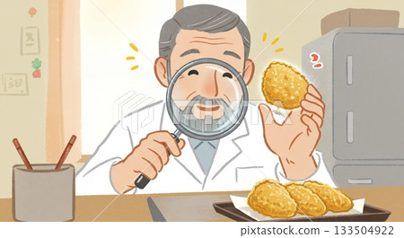 圖畫書風格。一位男性工作人員在食品工廠裡用溫暖的語氣檢查食品。 133504922