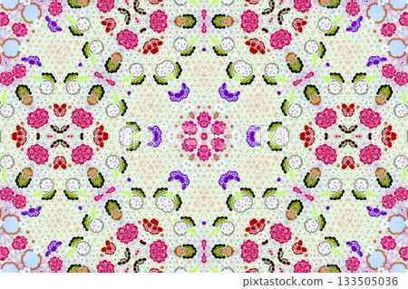 Pink and yellow kaleidoscope, beautiful geometric pattern 133505036