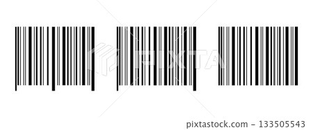 Set of barcode sticker templates isolated on white background. Bar code mockups. Samples of visual data digital representation with product information. Vector graphic illustration 133505543
