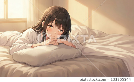 A model woman looks satisfied after waking up comfortably on a king-size bed. A model woman looks satisfied after waking up comfortably on a king-size bed. 133505544