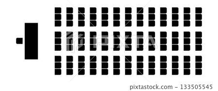 Auditorium seating plan top view. Schema of seats in classroom or lectorium, meeting or conference, training or seminar event. Tribune, desk and visitors chairs symbols. Vector graphic illustration 133505545