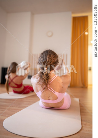 Woman doing core exercises with stability balls under in modern pilates studio 133505588