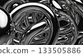 Intricately intertwined shiny chrome metal rings, monochrome 3D render abstract background 133505886
