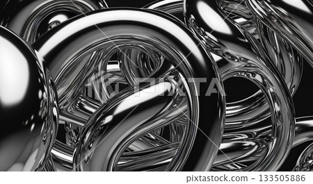 Intricately intertwined shiny chrome metal rings, monochrome 3D render abstract background Intricately intertwined shiny chrome metal rings, monochrome 3D render abstract background 133505886