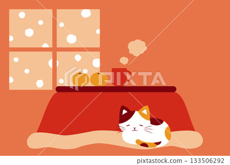 A background illustration for a New Year's card of a cat warming up in a kotatsu on a snowy day 133506292