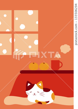 一張新年賀卡的背景插圖，描繪了一隻貓在下雪天裡坐在暖桌旁取暖的場景。 133506294