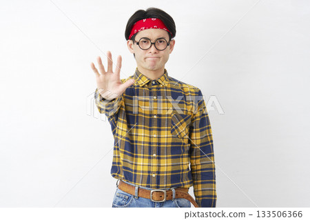 Akihabara-style male, prohibition gesture, white background Akihabara-style male, prohibition gesture, white background 133506366