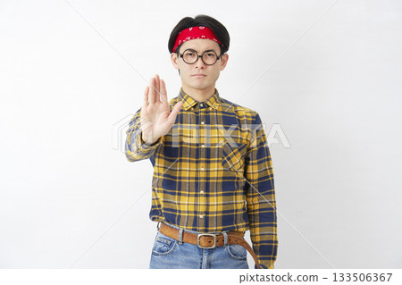 Akihabara-style male, prohibition gesture, white background 133506367