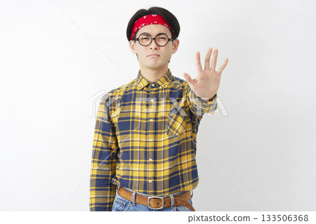 Akihabara-style male, prohibition gesture, white background Akihabara-style male, prohibition gesture, white background 133506368