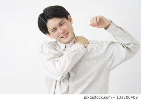 Male stiff shoulders white background Male stiff shoulders white background 133506409