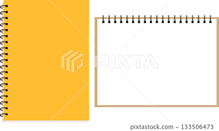 A set of three-dimensional yellow spiral notebooks and open notebooks 133506473