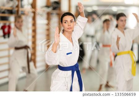 Young woman practicing kata standing in row with others Young woman practicing kata standing in row with others 133506659