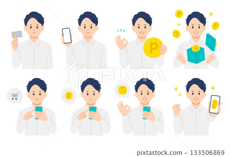 A set of young men shopping with credit cards and smartphones and earning points [People vector illustration material] 133506869