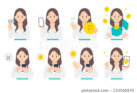 A set of young women shopping with credit cards and smartphones and earning points [People vector illustration material] 133506870