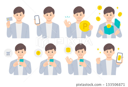 一群年輕人用信用卡和智慧型手機購物並賺取積分[人物向量插圖素材] 133506871