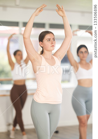 Close-up view of young girl practicing ballet positions standing in row 133506896